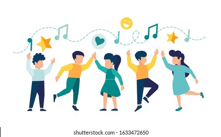 vector illustration, a group of children dancing and having fun to music vector