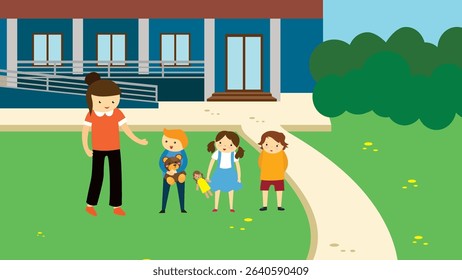 Vector illustration of a group of children in front of school building.