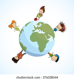 vector illustration of a group children the globe