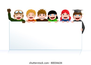 A vector illustration of a group of children holding a blank poster board