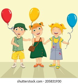 Vector Illustration Of A Group Of Children Keeping Balloons