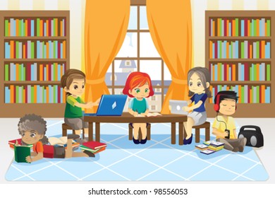 A vector illustration of a group of children in the library