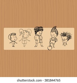 vector illustration of a group children outline