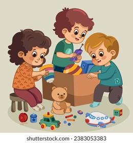 Vector illustration of a group of children playing with their toys.
