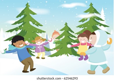A vector illustration of a group of children playing snowballs
