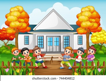 Vector illustration of Group of children playing tug of war in front house