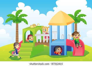 A vector illustration of a group of children playing in the playground