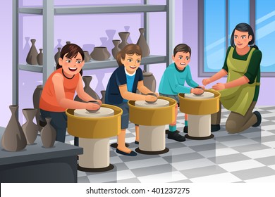 A vector illustration of group of children shaping clay in pottery class