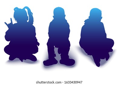 Vector illustration of a group of children silhouettes. Boys and a girl are sitting. An isolated image of seated schoolchildren.