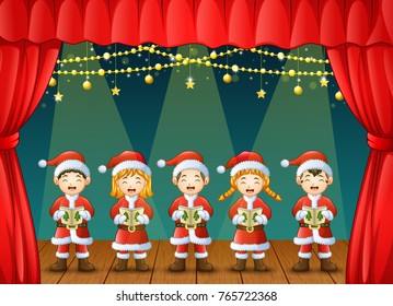 Vector illustration of Group of children singing christmas carols on the stage