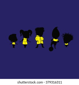 vector illustration of a group  children yellow silhouette