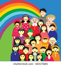 Vector illustration - group, class or a big family of happy multinational people  in colorful clothes on the blue  green background with rainbow