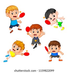 vector illustration of group collection of various positions of the tennis table player