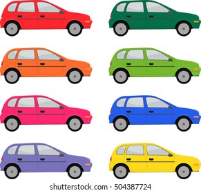 Vector illustration of a group of colorful hatchback cars.