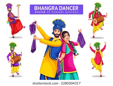 Vector illustration of a group of colorful Punjabi dancers with drummer. Happy Sikh couple, bearded man in turban dancing bhangra dance. Isolated cartoon characters on white background.