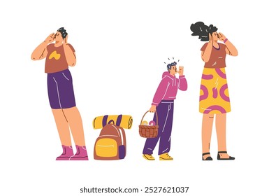 Vector illustration of a group of confused travelers in need of help navigating. The group of travelers is confused. A young family with a son is calling for help