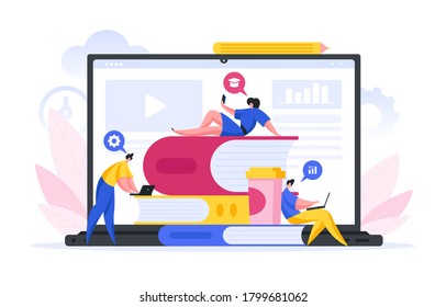 Vector illustration of group of contemporary young people gathering around stack of huge books and browsing digital devices for online studies against laptop