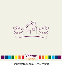 Vector illustration with group of cottages.