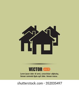 Vector illustration with group of cottages. Abstract sign of rea