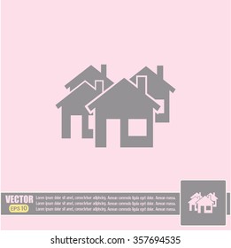 Vector illustration with group of cottages. Abstract sign of rea