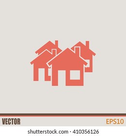 Vector illustration with group of cottages. Abstract sign of rea