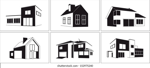 Vector illustration with group of cottages. Simple stylized icon of houses in the village. Perspective view of street with private buildings, trees and fences. Abstract sign of real estate