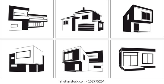 Vector illustration with group of cottages. Simple stylized icon of houses in the village. Perspective view of street with private buildings, trees and fences. Abstract sign of real estate