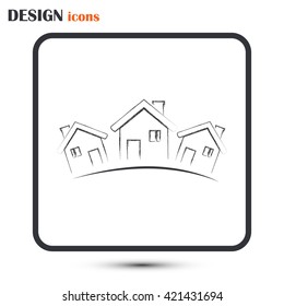 Vector illustration with group of cottages.Line icon