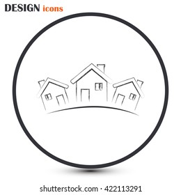 Vector illustration with group of cottages.Line icon