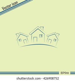 Vector illustration with group of cottages.Line icon
