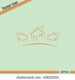 Vector illustration with group of cottages.Line icon