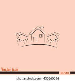 Vector illustration with group of cottages.Line icon