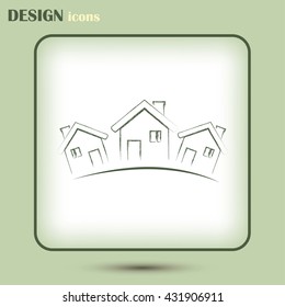Vector illustration with group of cottages.Line icon