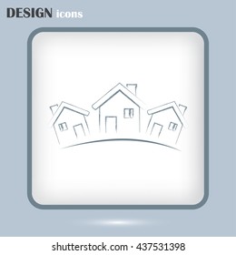 Vector illustration with group of cottages.Line icon