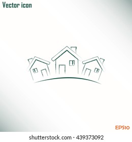 Vector illustration with group of cottages.Line icon