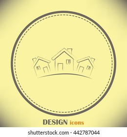 Vector illustration with group of cottages.Line icon