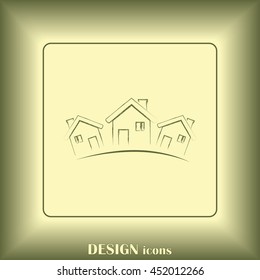 Vector illustration with group of cottages.Line icon