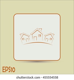 Vector illustration with group of cottages.Line icon