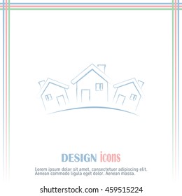 Vector illustration with group of cottages.Line icon