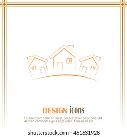 Vector illustration with group of cottages.Line icon