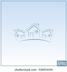Vector illustration with group of cottages.Line icon