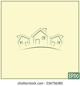 Vector illustration with group of cottages.Line icon