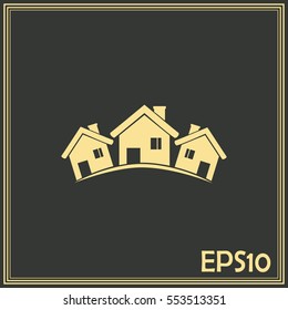 Vector illustration with group of cottages.Line icon
