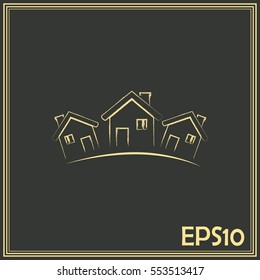 Vector illustration with group of cottages.Line icon