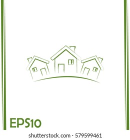 Vector illustration with group of cottages.Line icon
