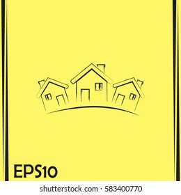 Vector illustration with group of cottages.Line icon