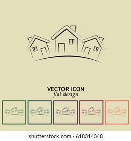 Vector illustration with group of cottages.Line icon