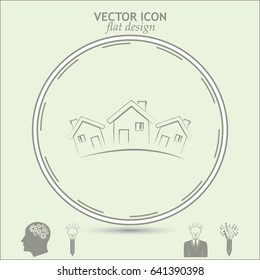 Vector illustration with group of cottages.Line icon
