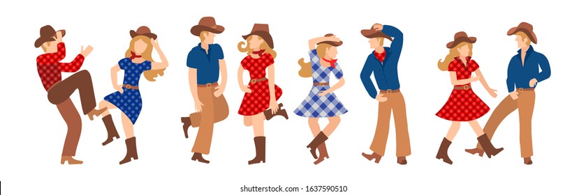 Vector illustration of a group of cowboys and cowgirls in western country dancing a line of dance. Couples man and woman dancing a cheerful dance in American folk style.