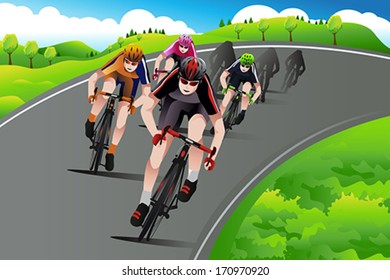 A vector illustration of group of cyclist racing on the street going up the mountain